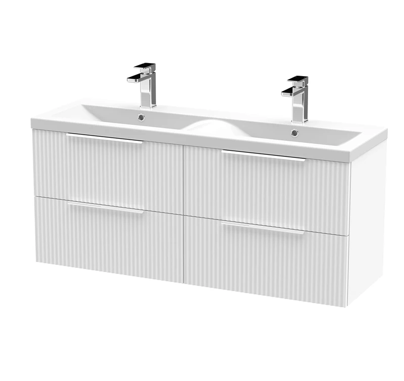 Hudson Reed DFF193F Fluted Modern Bathroom Wall Hung 4 Drawer Double Vanity Basin Unit with Twin Ceramic Basin, 1200mm, Satin White
