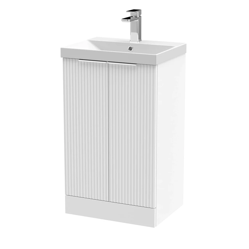 Hudson Reed DFF123D Fluted Modern Bathroom Floor Standing 2 Door Vanity Basin Unit with Thin-Edge Ceramic Basin, 500mm, Satin White