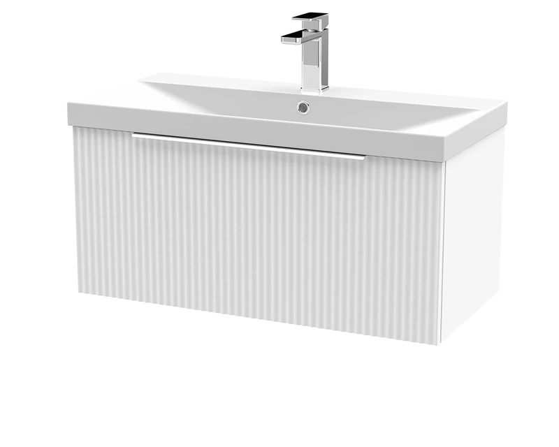 Hudson Reed DFF196D Fluted Modern Bathroom Wall Hung 1 Drawer Vanity Basin Unit with Thin-Edge Ceramic Basin, 800mm, Satin White