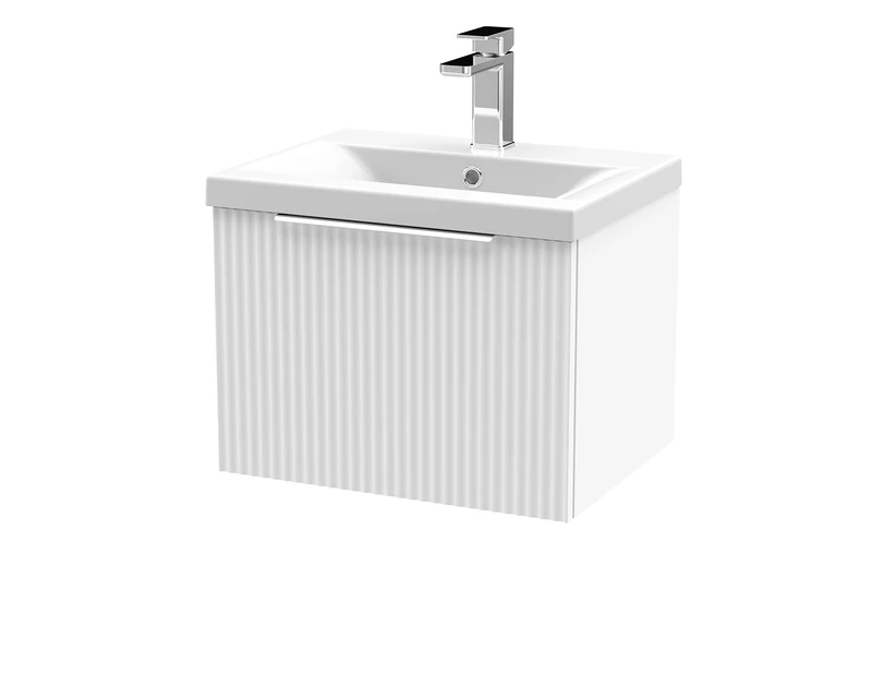 Hudson Reed DFF191A Fluted Modern Bathroom Wall Hung 1 Drawer Vanity Basin Unit with Mid-Edge Ceramic Basin, 500mm, Satin White