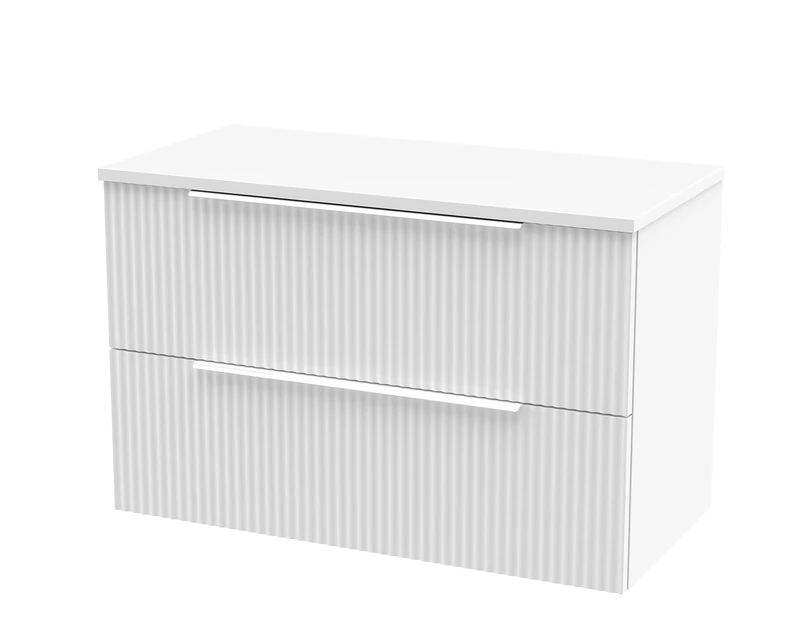 Hudson Reed DFF195W Fluted Modern Bathroom Wall Hung 2 Drawer Vanity Unit with Colour Match Worktop, 800mm, Satin White