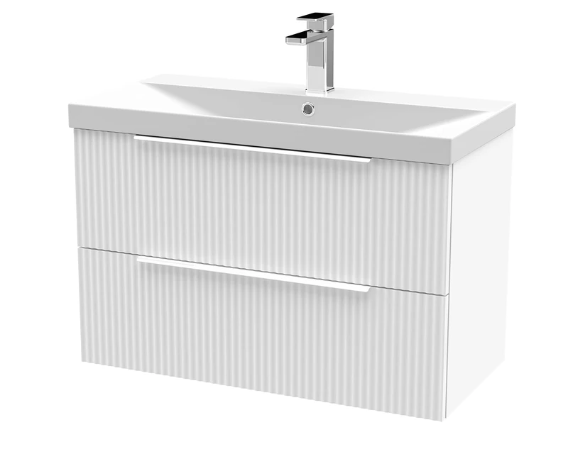 Hudson Reed DFF195D Fluted Modern Bathroom Wall Hung 2 Drawer Vanity Basin Unit with Thin-Edge Ceramic Basin, 800mm, Satin White