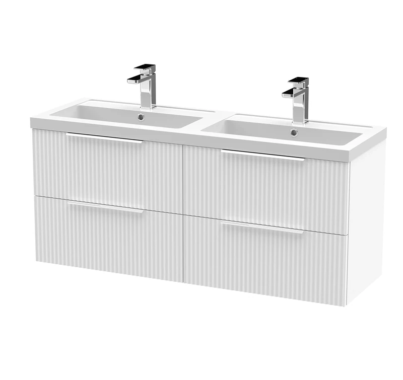 Hudson Reed DFF193C Fluted Modern Bathroom Wall Hung 4 Drawer Double Vanity Basin Unit with Twin Polymarble Basin, 1200mm, Satin White