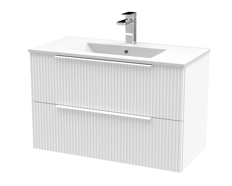 Hudson Reed DFF195B Fluted Modern Bathroom Wall Hung 2 Drawer Vanity Basin Unit with Minimalist Ceramic Basin, 800mm, Satin White