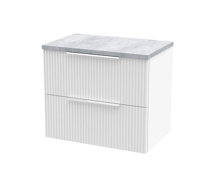 Hudson Reed DFF193LBG Fluted Modern Bathroom Wall Hung 2 Drawer Vanity Unit with Bellato Grey Laminate Worktop, 600mm, Satin White