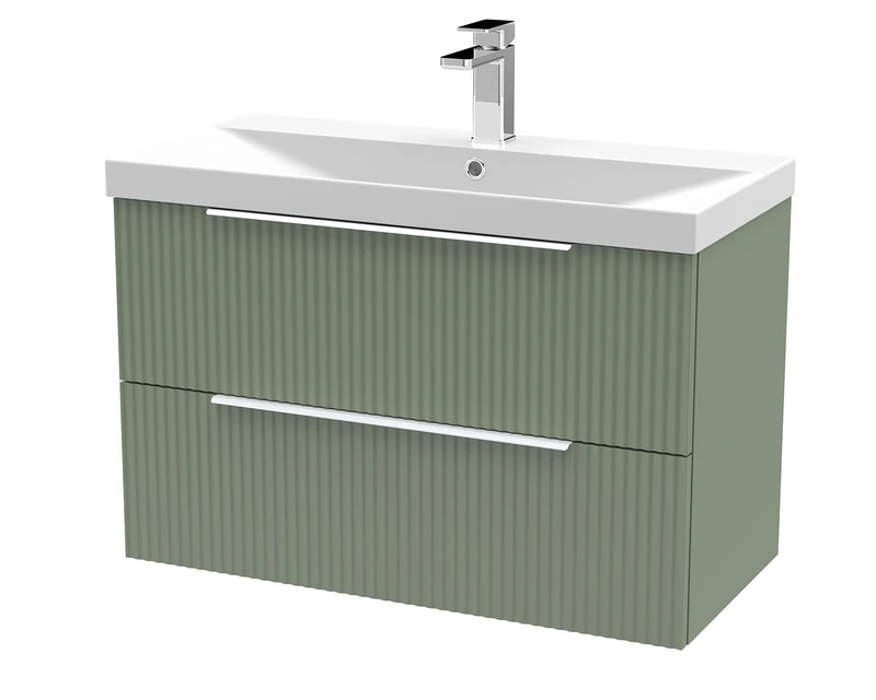 Hudson Reed DFF895D Fluted Modern Bathroom Wall Hung 2 Drawer Vanity Basin Unit with Thin-Edge Ceramic Basin, 800mm, Satin Green