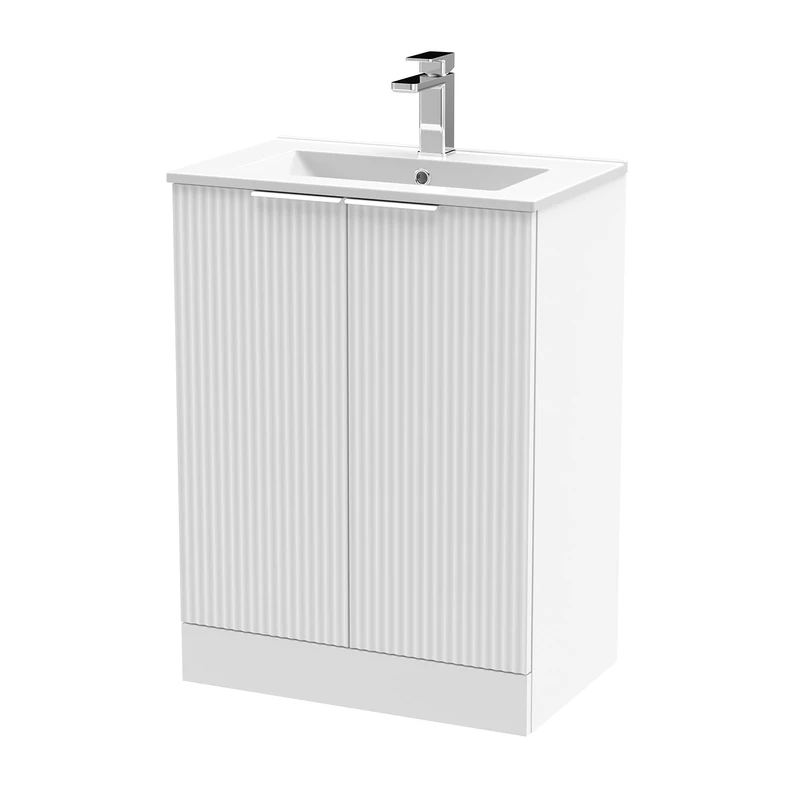 Hudson Reed DFF125B Fluted Modern Bathroom Floor Standing 2 Door Vanity Basin Unit with Minimalist Ceramic Basin, 600mm, Satin White
