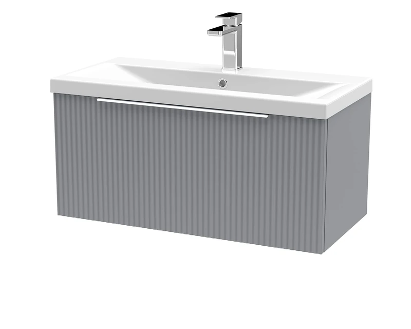 Hudson Reed DFF296A Fluted Modern Bathroom Wall Hung 1 Drawer Vanity Basin Unit with Mid-Edge Ceramic Basin, 800mm, Satin Grey