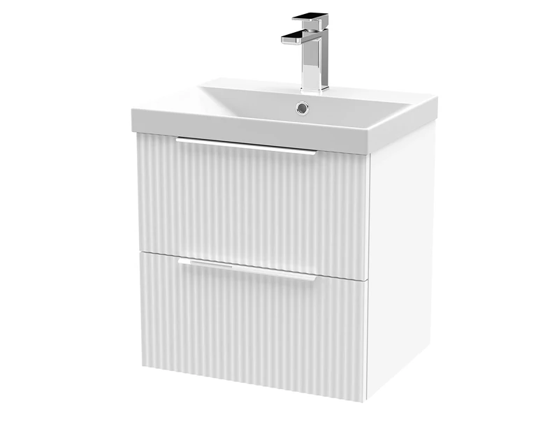 Hudson Reed DFF192D Fluted Modern Bathroom Wall Hung 2 Drawer Vanity Basin Unit with Thin-Edge Ceramic Basin, 500mm, Satin White