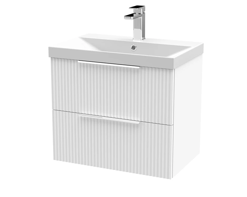 Hudson Reed DFF193D Fluted Modern Bathroom Wall Hung 2 Drawer Vanity Basin Unit with Thin-Edge Ceramic Basin, 600mm, Satin White