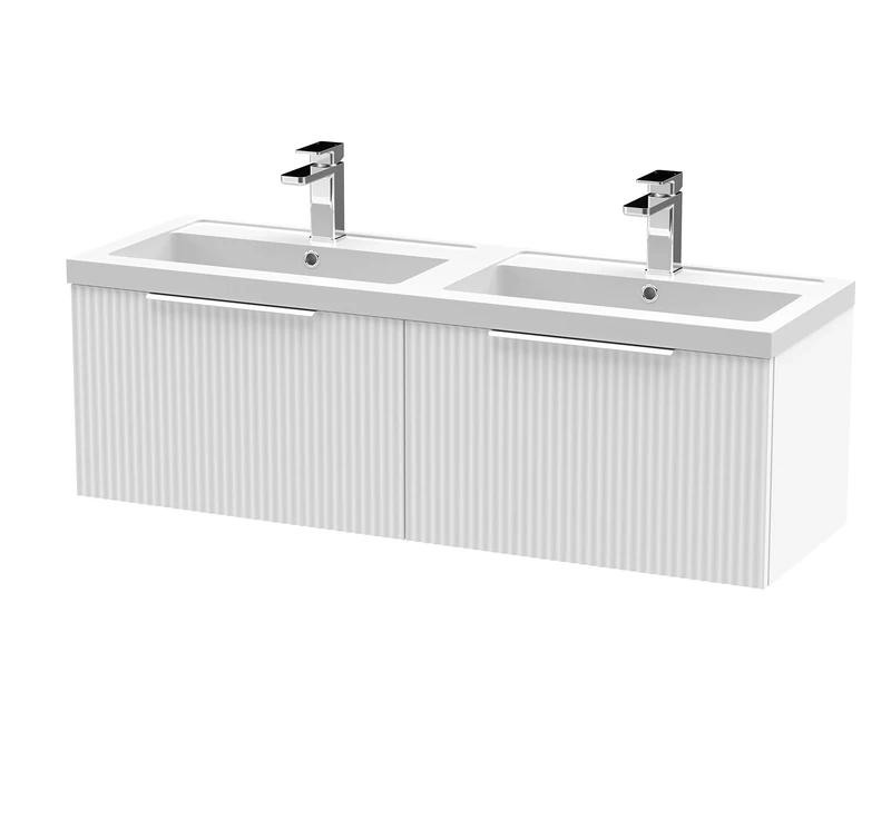 Hudson Reed DFF194C Fluted Modern Bathroom Wall Hung 2 Drawer Double Vanity Basin Unit with Twin Polymarble Basin, 1200mm, Satin White