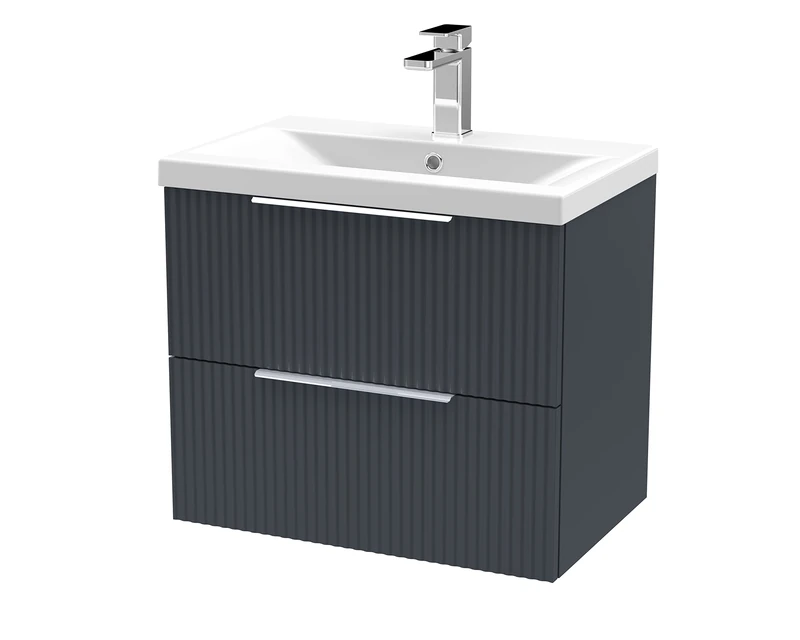 Hudson Reed DFF1493A Fluted Modern Bathroom Wall Hung 2 Drawer Vanity Basin Unit with Mid-Edge Ceramic Basin, 600mm, Soft Black