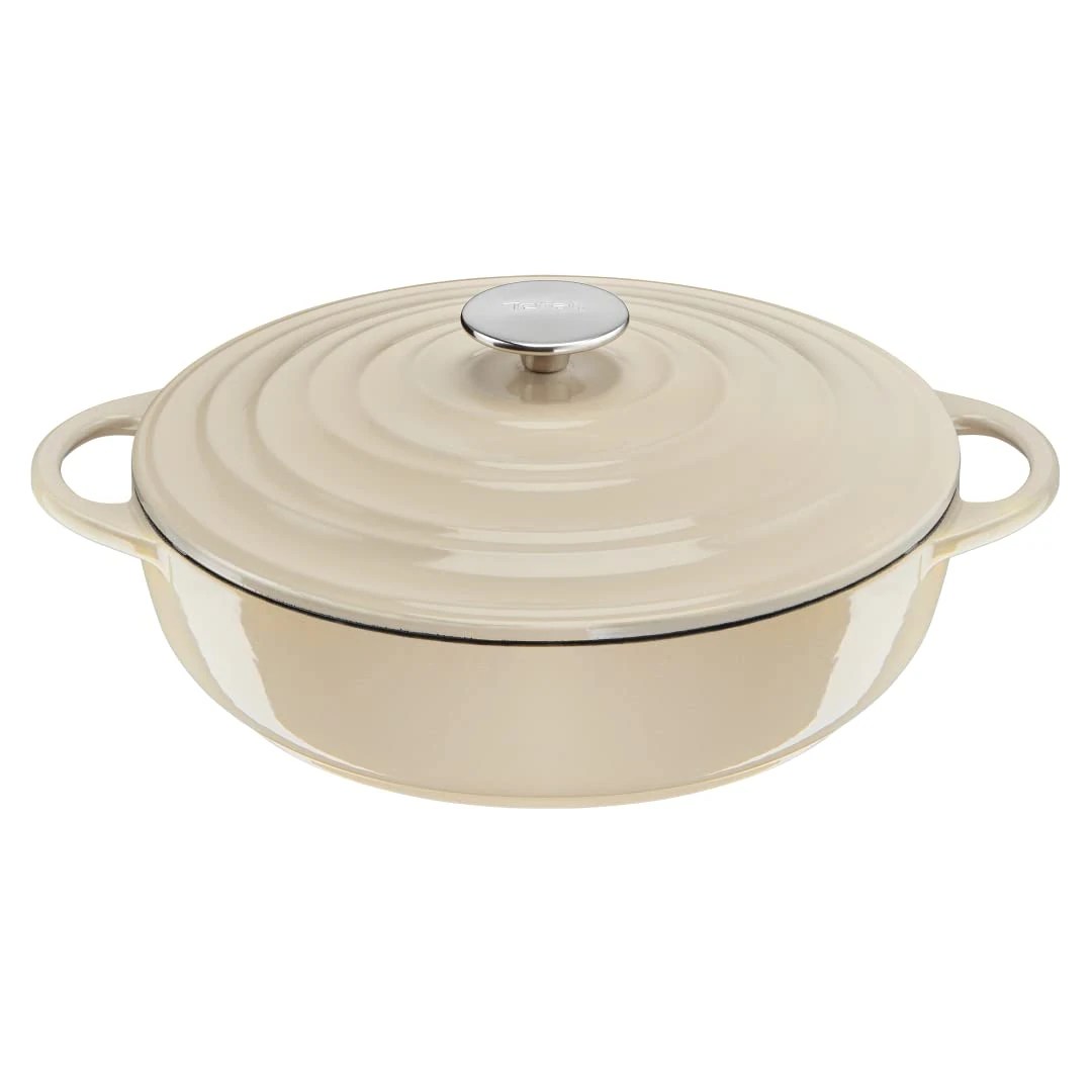 Tefal LOV Enamelled Cast Iron Shallow Casserole Dish with Lid, 28cm, 3.8L, Dutch Oven, All Hob Types, Cast Iron Pot, Cooking Pots, Dishwasher safe, Cream, E2597204
