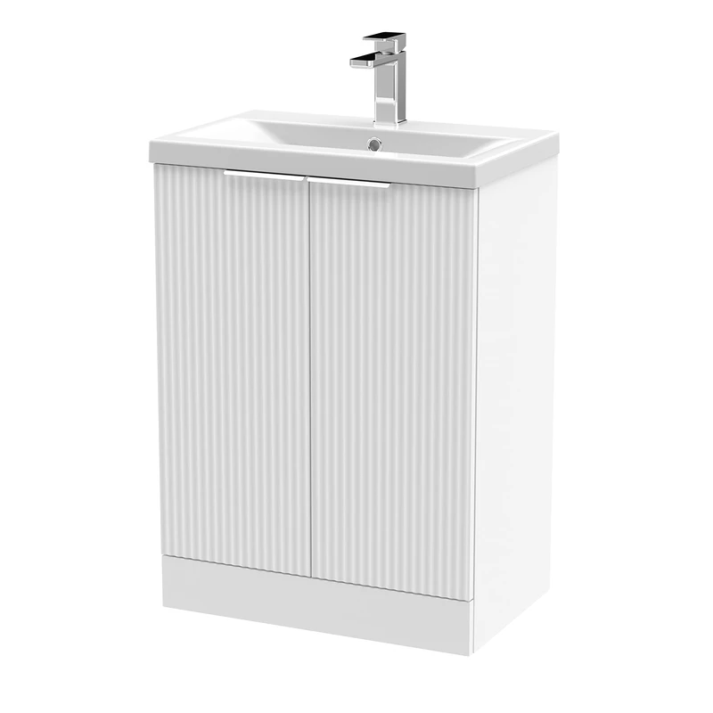 Hudson Reed DFF125A Fluted Modern Bathroom Floor Standing 2 Door Vanity Basin Unit with Mid-Edge Ceramic Basin, 600mm, Satin White