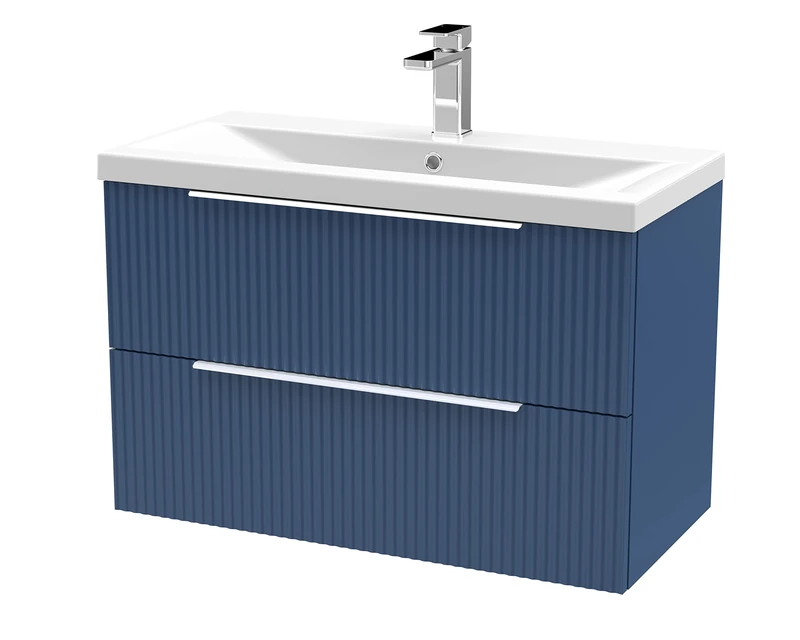 Hudson Reed DFF395A Fluted Modern Bathroom Wall Hung 2 Drawer Vanity Basin Unit with Mid-Edge Ceramic Basin, 800mm, Satin Blue