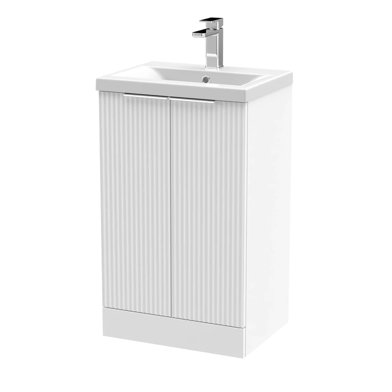 Hudson Reed DFF123A Fluted Modern Bathroom Floor Standing 2 Door Vanity Basin Unit with Mid-Edge Ceramic Basin, 500mm, Satin White