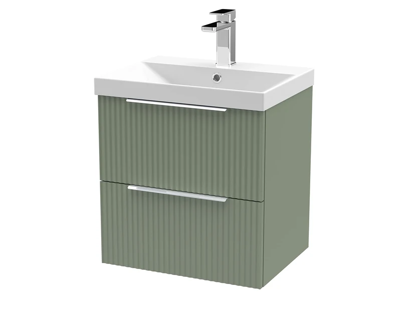 Hudson Reed DFF892D Fluted Modern Bathroom Wall Hung 2 Drawer Vanity Basin Unit with Thin-Edge Ceramic Basin, 500mm, Satin Green