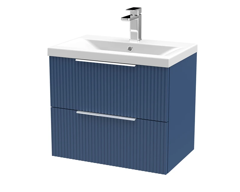 Hudson Reed DFF393A Fluted Modern Bathroom Wall Hung 2 Drawer Vanity Basin Unit with Mid-Edge Ceramic Basin, 600mm, Satin Blue