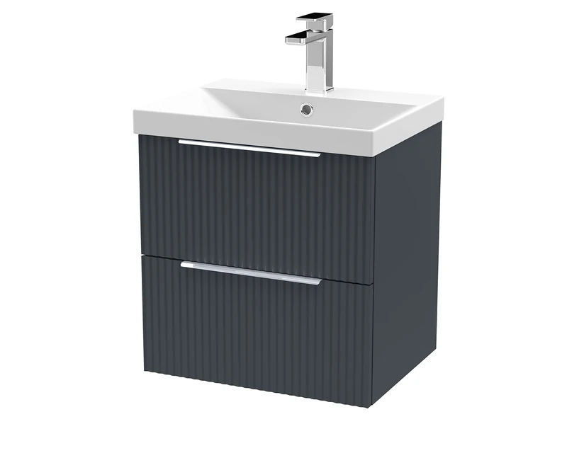 Hudson Reed DFF1492D Fluted Modern Bathroom Wall Hung 2 Drawer Vanity Basin Unit with Thin-Edge Ceramic Basin, 500mm, Soft Black