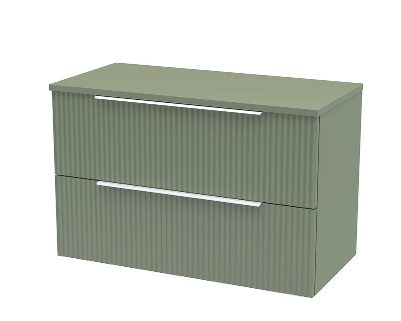 Hudson Reed DFF895W Fluted Modern Bathroom Wall Hung 2 Drawer Vanity Unit with Colour Match Worktop, 800mm, Satin Green
