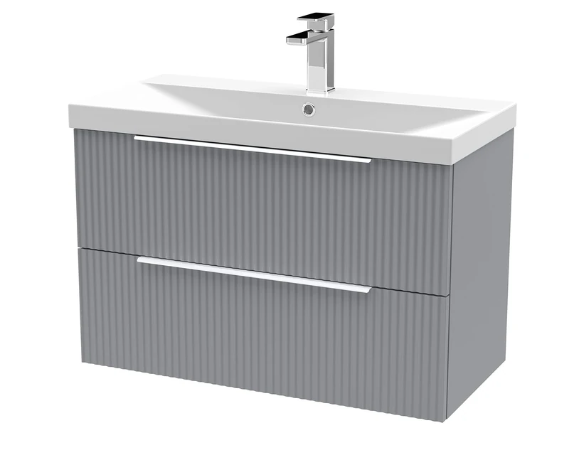 Hudson Reed DFF295D Fluted Modern Bathroom Wall Hung 2 Drawer Vanity Basin Unit with Thin-Edge Ceramic Basin, 800mm, Satin Grey