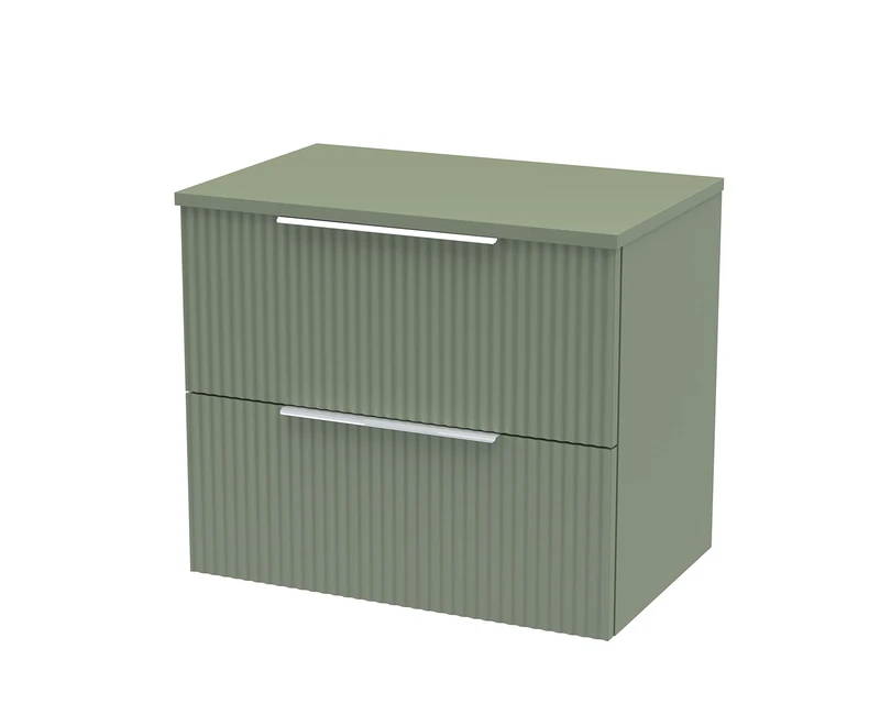 Hudson Reed DFF893W Fluted Modern Bathroom Wall Hung 2 Drawer Vanity Unit with Colour Match Worktop, 600mm, Satin Green