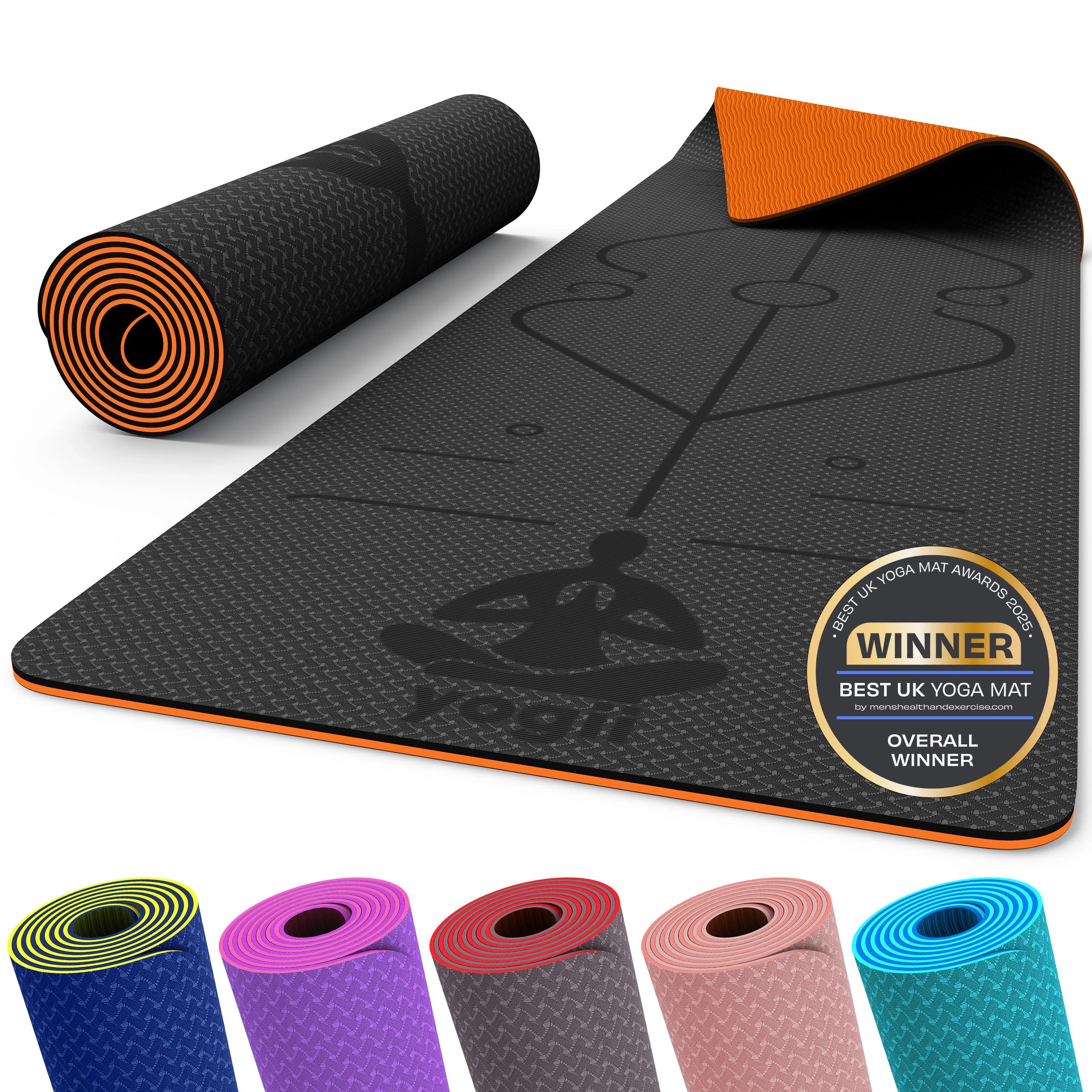 Yogii Yoga Mat - Non-Slip 6mm Thick TPE & Travel-friendly Yoga Mat - Perfect for Home & Gym Exercise Fitness & Pilates - With Laser Alignment Guides (Black/Orange) for Men & Women