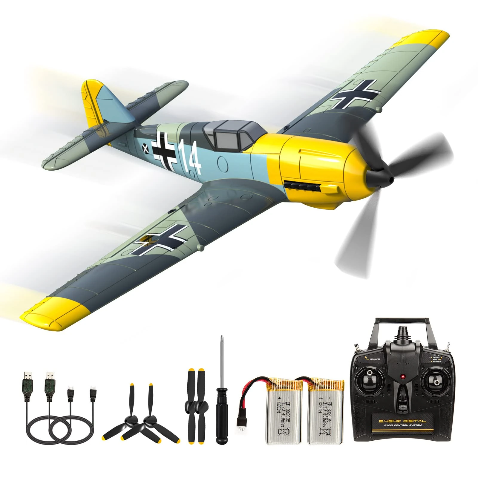 BF-109 RC Aeroplane, 2.4 GHz 4-CH Remote Controlled Aerobatics Aeroplane RTF with 6-Axis Gyro System for Adults Beginners