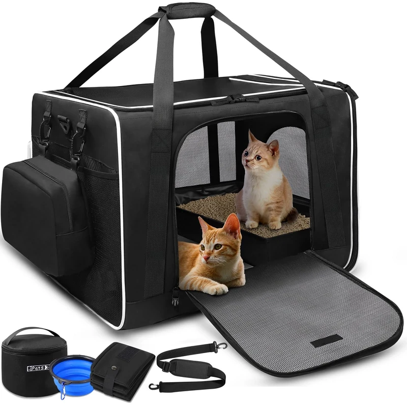 Petskd 24"x17"x17" Pet Carrier for Large Cats or Medium Dogs - Car Travel Carrier with Litter Box, Bowl, and Locking Zipper