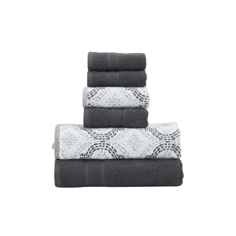 Modern Threads Capri 6-Piece Reversible Yarn Dyed Jacquard Towel Set - Bath Towels, Hand Towels, & Washcloths - Super Absorbent & Quick Dry - 100% Combed Cotton, Coal