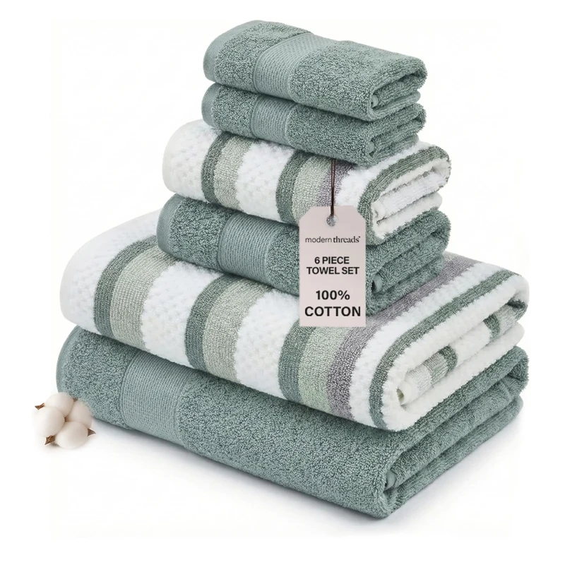 Modern Threads Pax 6-Piece Reversible Yarn Dyed Jacquard Towel Set - Bath Towels, Hand Towels, & Washcloths - Super Absorbent & Quick Dry - 100% Combed Cotton, Ivy