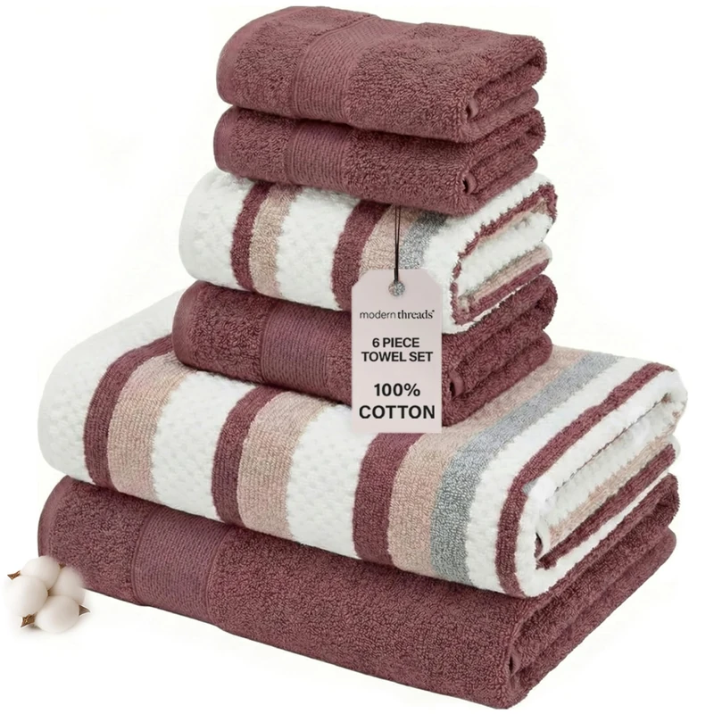 Modern Threads Pax 6-Piece Reversible Yarn Dyed Jacquard Towel Set - Bath Towels, Hand Towels, & Washcloths - Super Absorbent & Quick Dry - 100% Combed Cotton, Rosewood