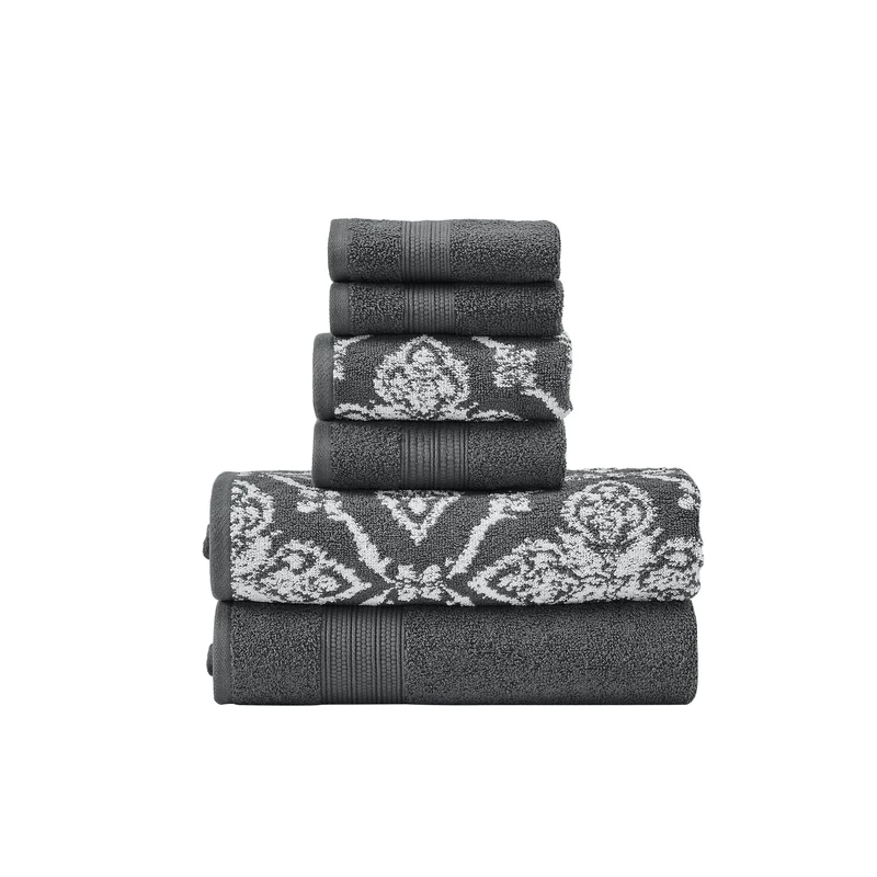 Modern Threads Amaris 6-Piece Reversible Yarn Dyed Jacquard Towel Set - Bath Towels, Hand Towels, & Washcloths - Super Absorbent & Quick Dry - 100% Combed Cotton, Coal