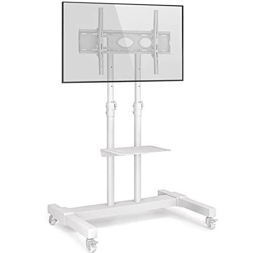 RFIVER Mobile TV Stand on Wheels for 32-80 inch LCD LED OLED Flat Screens/Curved TVs up to 50kg, Height Adjustable Shelf TV Cart TV Trolley with Tray, Max VESA 600x400mm, White