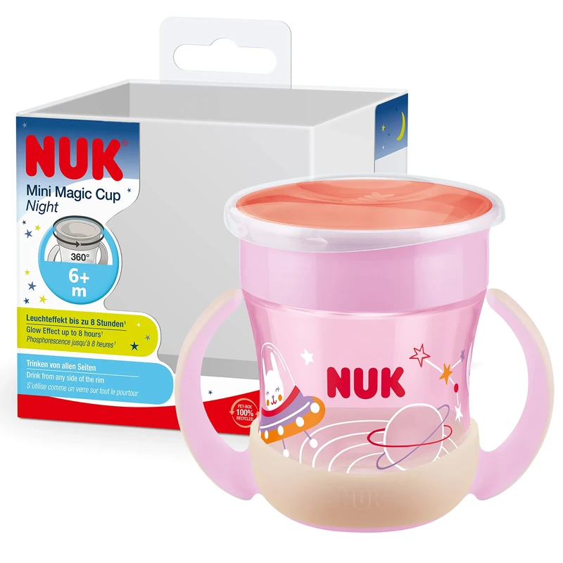 NUK Mini Magic Cup Silicone Drinking Cup with Luminous Effect 6+ Months 160 ml Leak-Proof 360° Drinking Rim Ergonomic Handles BPA-Free Rabbit (Pink) 10255666