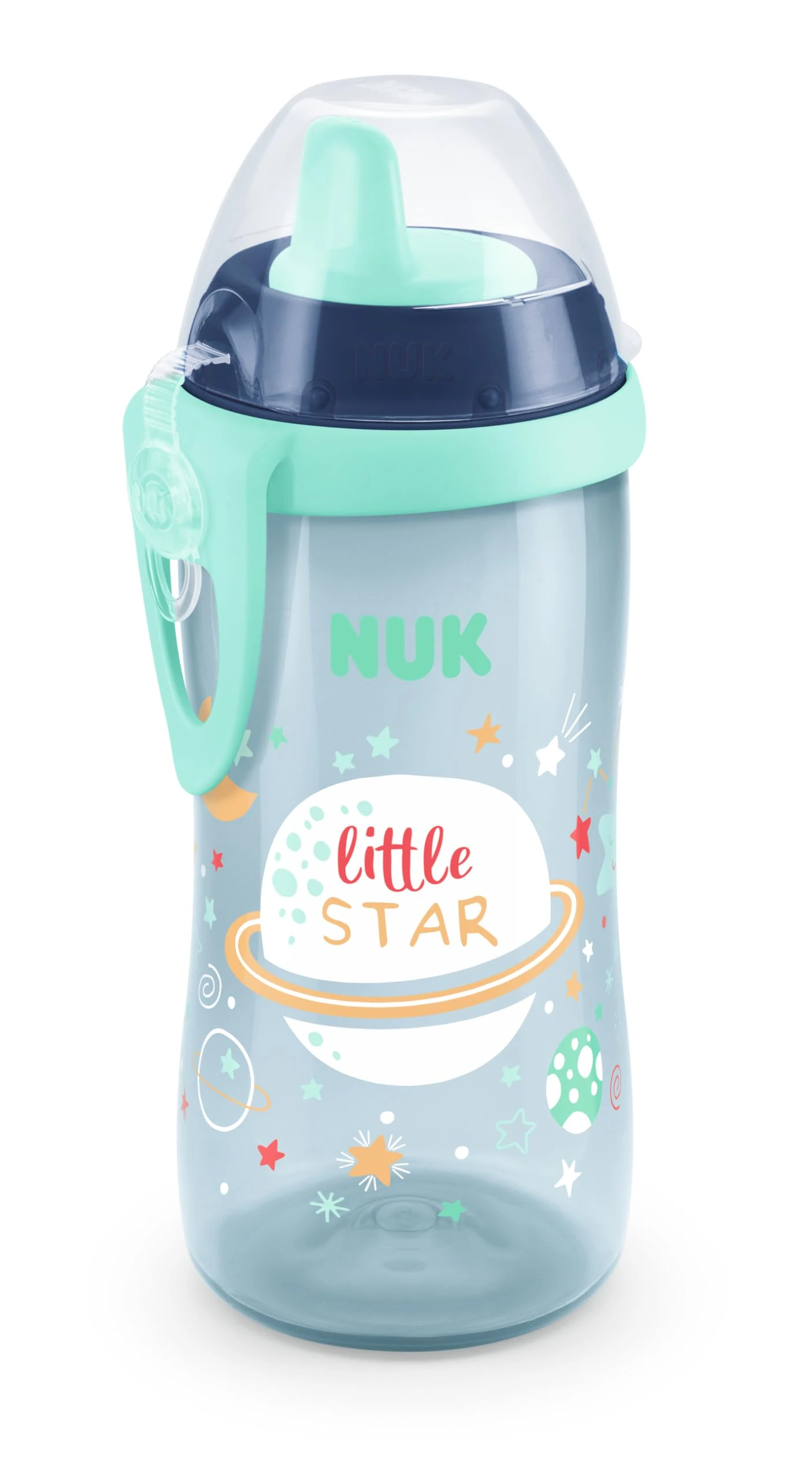 NUK Kiddy Cup Night Toddler Cup | 12+ Months | 300 ml | Leak-Proof Toughened Spout | Glow in The Dark | Clip & Protective Cap | BPA-Free | Blue