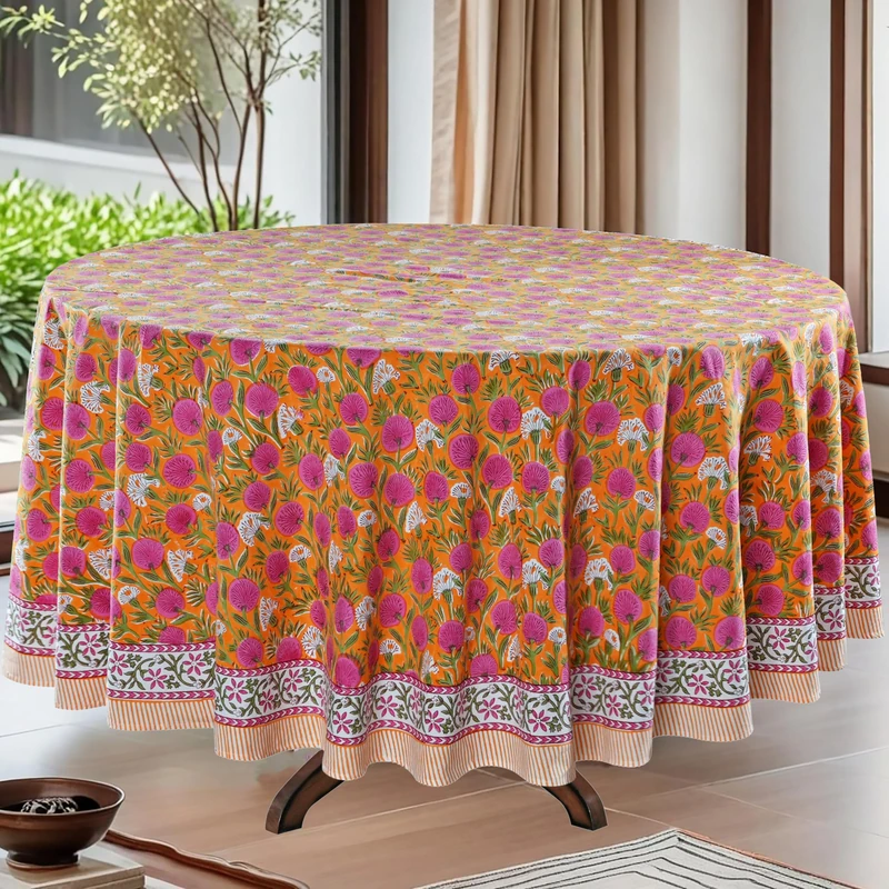 Ridhi Round Tablecloth Hand Block Print 100% Cotton Reusable Bubblegum Pink 90 Inch Table Cover Decorative Everyday Use for Dining, Home, Party, Wedding, Farmhouse, Party Gift for Spring, Mother's Day