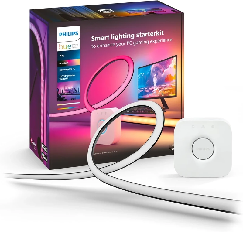 Philips Hue Play Gradient PC Lightstrip Starter Kit Including Hue Bridge [for 32-34 Inch Screens] LED Smart Lighting. Sync for Entertainment, Gaming and Media.