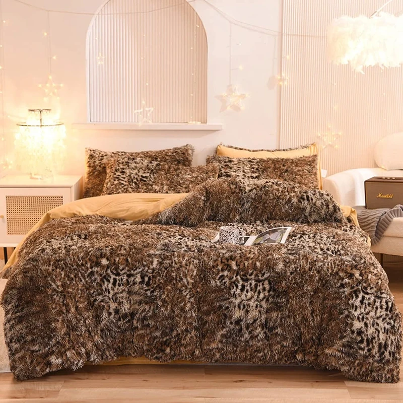 Mengersi Leopard Print Duvet Cover Set Shaggy Fluffy Duvet Cover Set,Luxury Ultra Soft Crystal Velvet Duvet Cover,Faux Fur Quilt Cover with Pillow Shams,Zipper Closure Queen Size