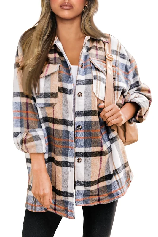 AUTOMET Womens Fall Outfits Fashion Clothes Shackets Flannel Plaid Button Down Long Sleeve Shirts Jackets 2024, Bluebrown, XX-Large