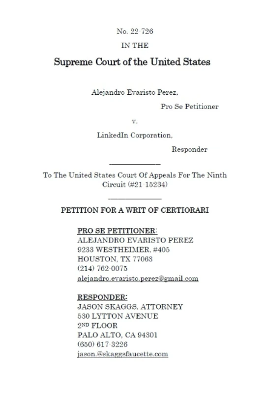 Alejandro Evaristo Perez, Petitioner v. LinkedIn Corporation, PETITION FOR A WRIT OF CERTIORARI (No. 21M120): ON PETITION FOR A WRIT OF CERTIORARI TO ... NINTH CIRCUIT (#21-15234), (Updated to $8BN) - Image 1
