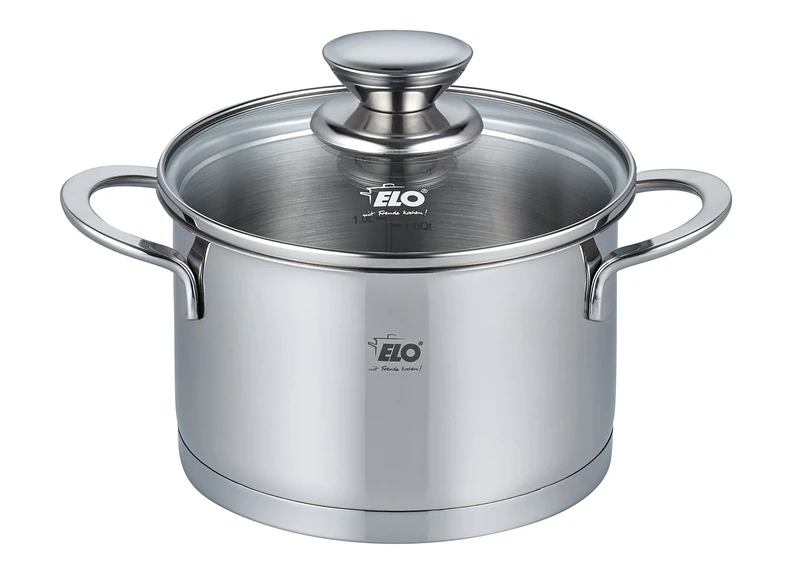 ELO Galant 72547 Casserole Pot 16 cm with Glass Lid Induction High-Gloss Stainless Steel with Litre Scale and Oil Dispensing System