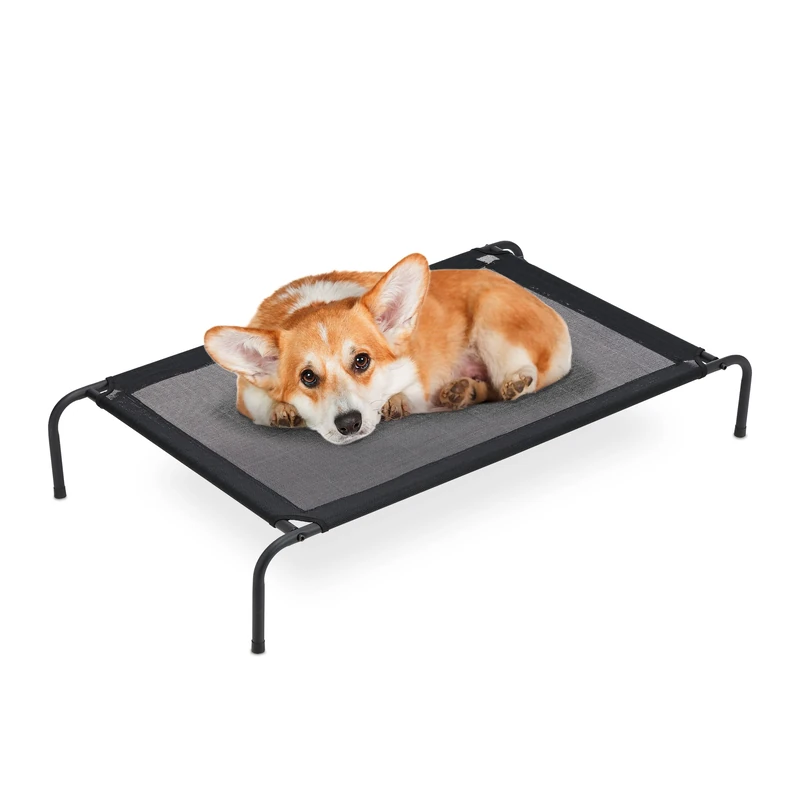 Relaxdays Dog Bed Outdoor, Raised Canine Lounger up to 35 KG, HxWxD: 19x111x65 cm, Puppy Cot Garden & Camping, Black
