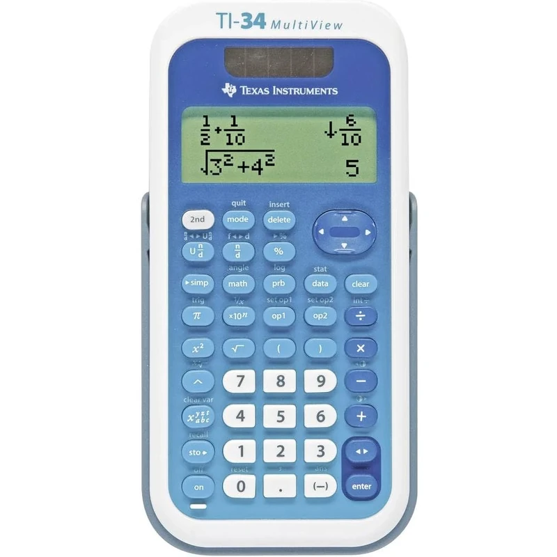 Texas Instruments TI-34 MV School Calculator (Multi View, 4 Line Display, Solar and Battery Operated) Blue/White
