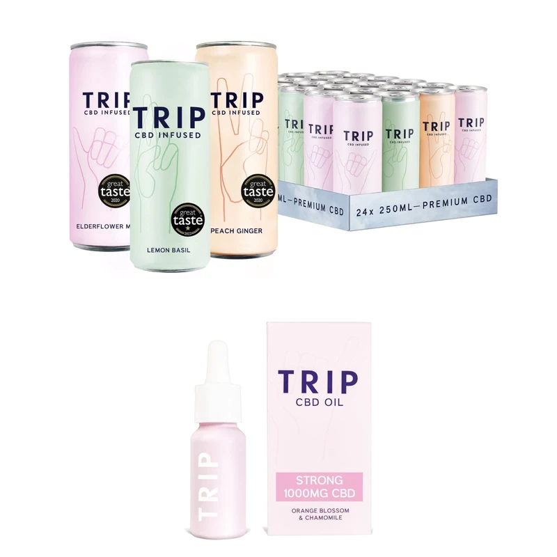 CBD Monthly Magic - TRIP CBD Infused Fizzy Drink: Mixed Pack (Pack of 24 x 250 ml) & TRIP CBD Oil 1000 mg: Orange Blossom (Pack of 1 x 15 ml)