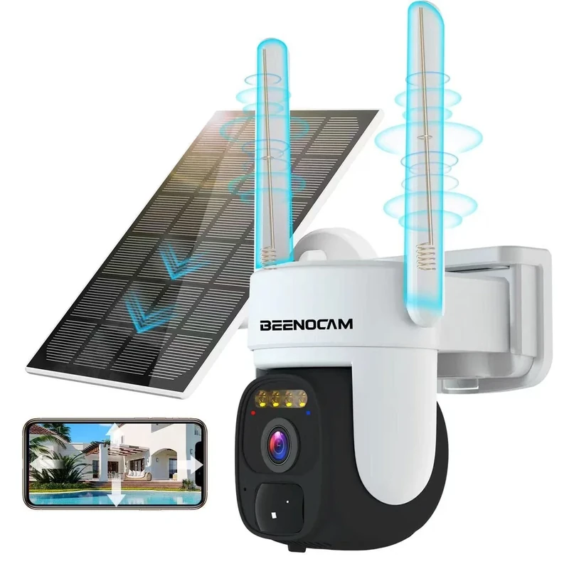 BEENOCAM 2K 5DBi Solar Security Camera Outdoor Wireless Battery Powered WiFi 360° PTZ Camera 3MP Camera for Home Security with Spotlight Siren,Motion Detection,Night Vision,Two Way Audio,IP66