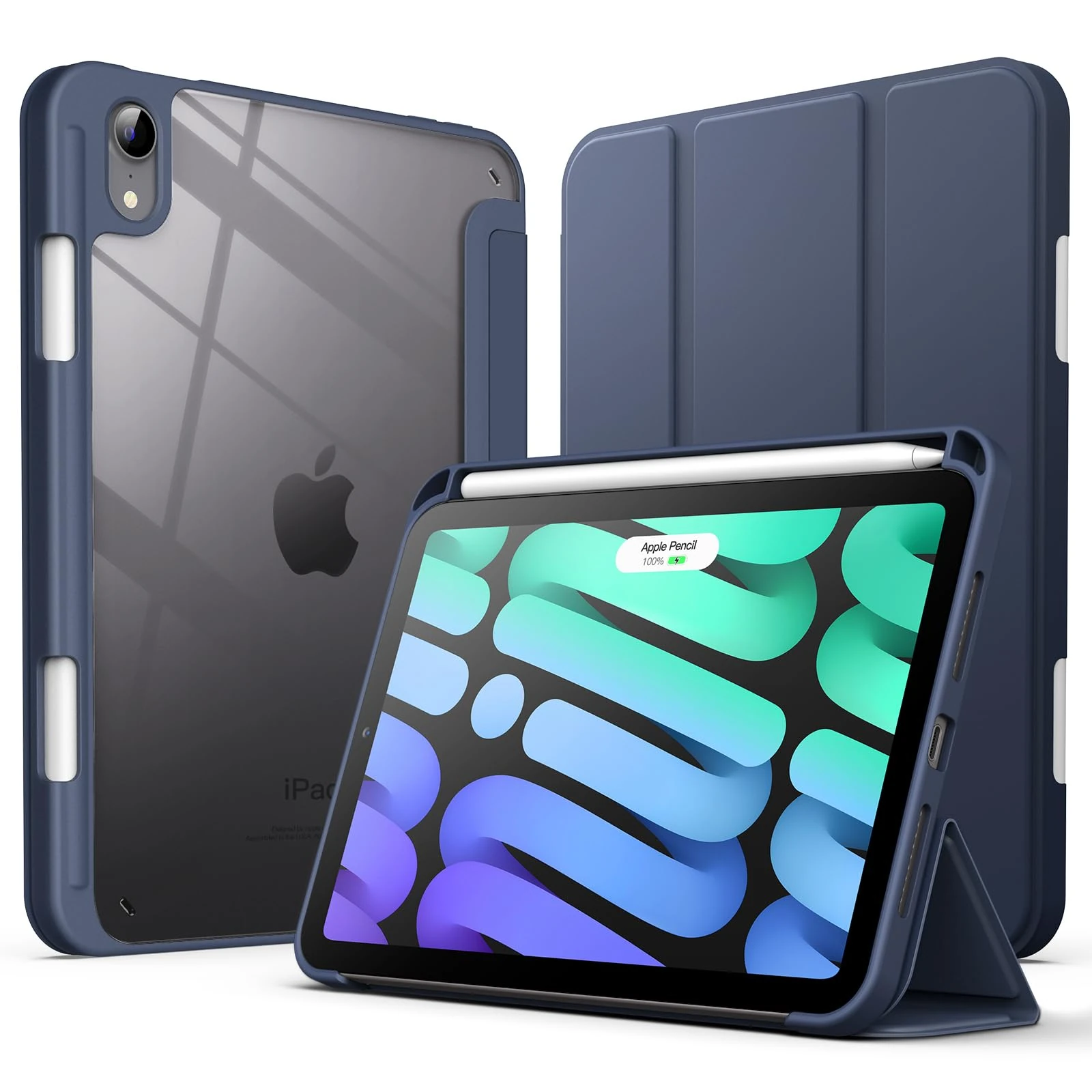 JETech Case for iPad mini (A17 Pro, 2024 Model, 7th Generation) / mini 6 (2021 Model, 6th Generation) with Pencil Holder, Clear Back Shell Slim Stand Tablet Cover, Auto Wake/Sleep (Navy)