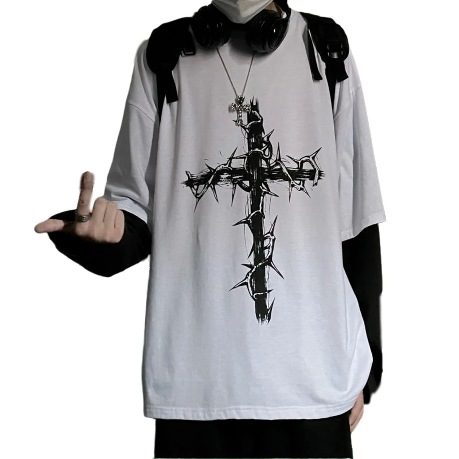 Aobiono Men Women Y2K Gothic Cross Sweatshirt Grunge Emo Alt Harajuku Fake Two-Piece Hoodie Top Dark Academia Punk Aesthetic, White, Medium
