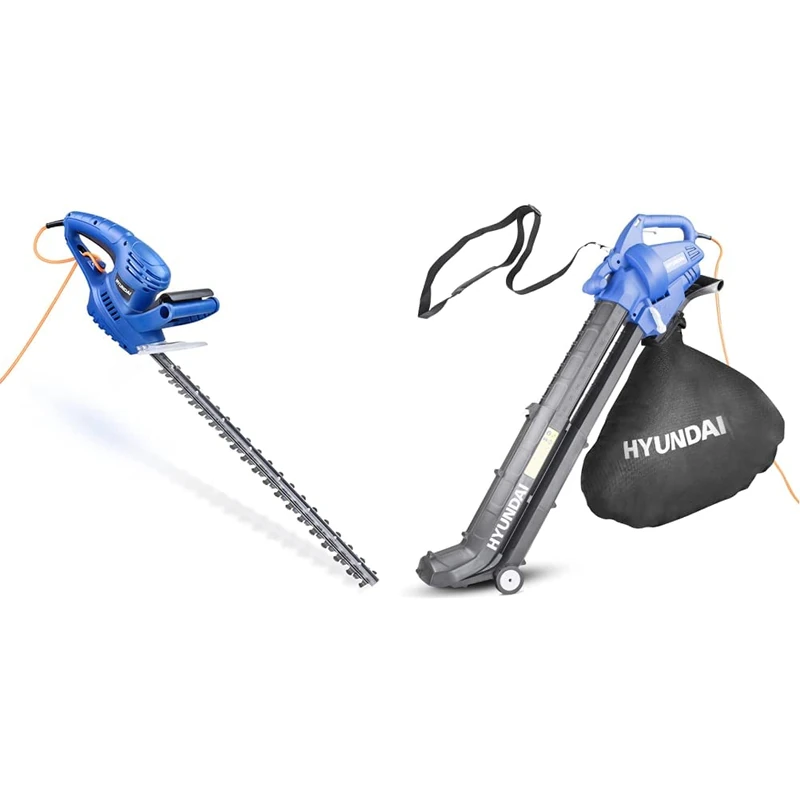 Hyundai Lightweight Powerful 550w 510mm Corded Electric Hedge Trimmer Pruner 10m Cable With 3 Year Warranty, Blue (HYHT550E) & 3 in 1 3000W Electric Leaf Blower- 45L Bag, HYBV3000E, Blue