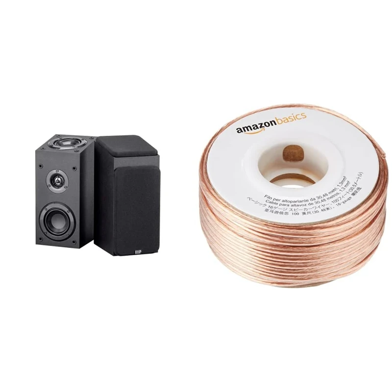 Monoprice 133833 Premium Immersive Satellite Speakers - Black (Pair) with 3Inch Woofer, 3/4Inch Aluminum Dome & 100 Watt Input Power & Amazon Basics 16-Gauge Speaker Wire 1.3 mm² - 30.48 m (100 feet)